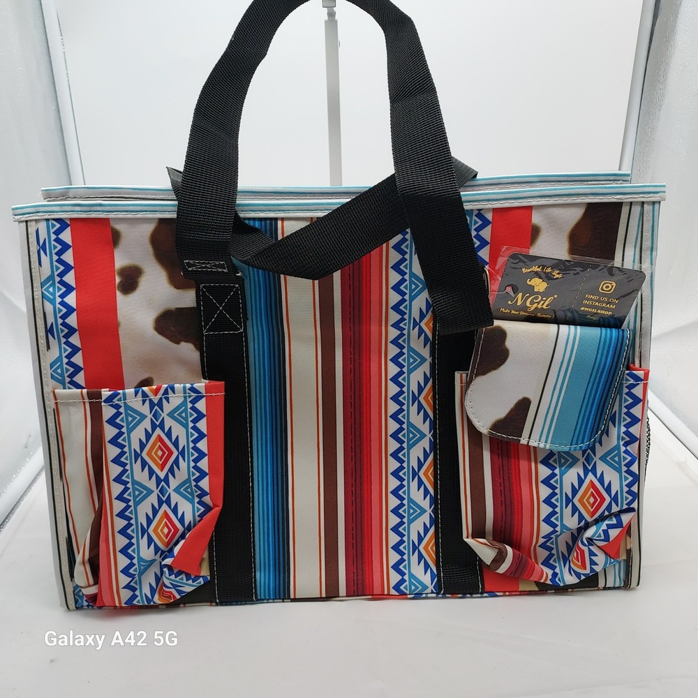 N Gil Western Cow Print Southwestern Striped Utility Tote Bag Organizer P731